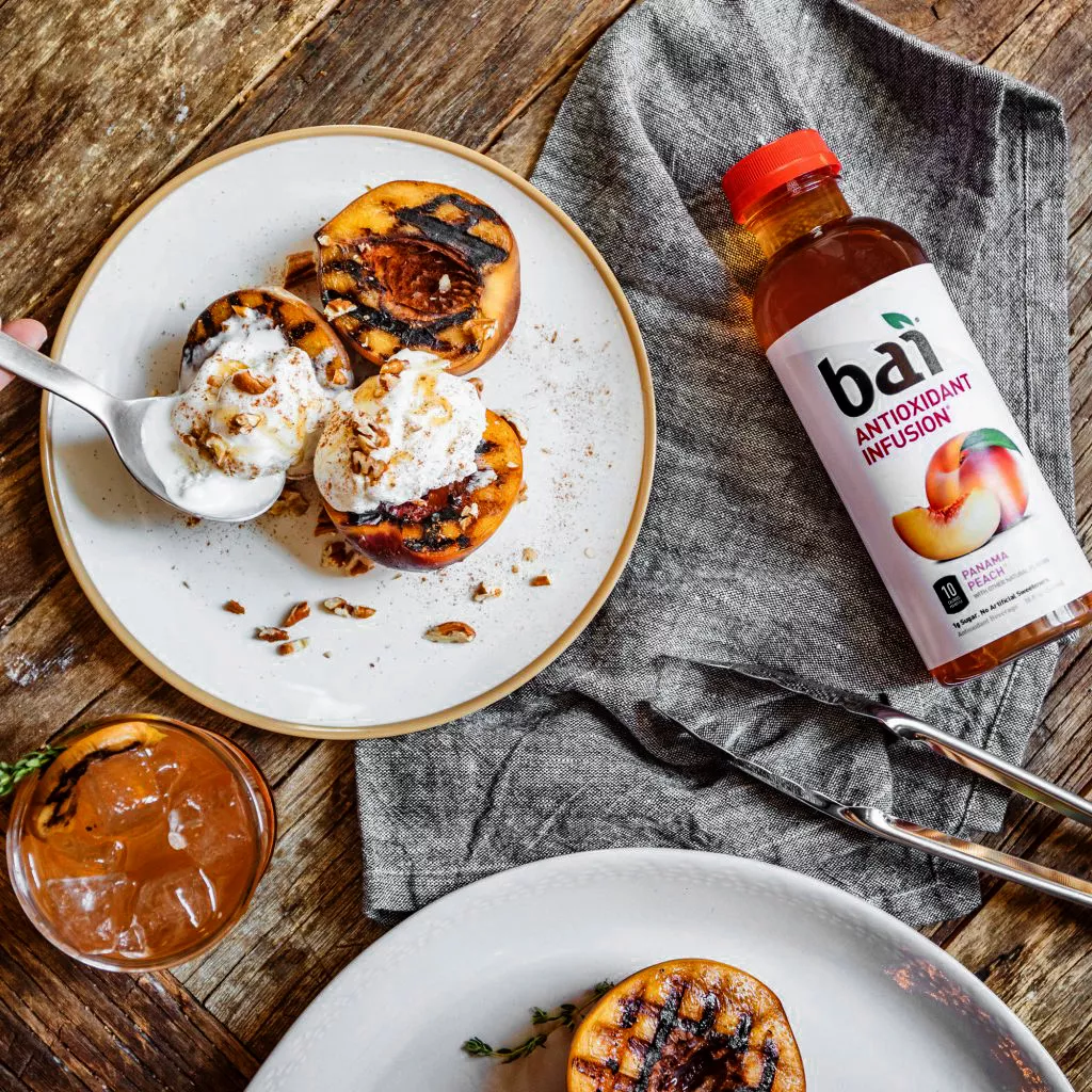 Bai Panama Peach with grilled peaches and ice cream