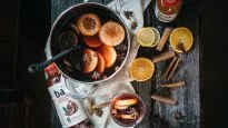 Hot mulled wine punch with cinnamon sticks and Bai Costa Rica Clementine and Bai Ipanema Pomegranate
