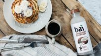 Keto Coconut Pancakes stacks with Bai Molokai Coconut