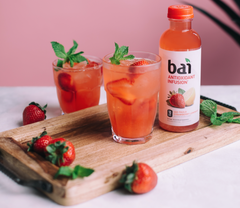 Strawberries in a drink made with Bai Sao Paulo Strawberry Lemonade