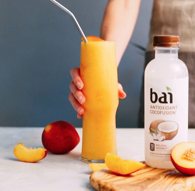 Frozen Beach Blender drink with Bai Cocofusion Molokai Coconut and peaches