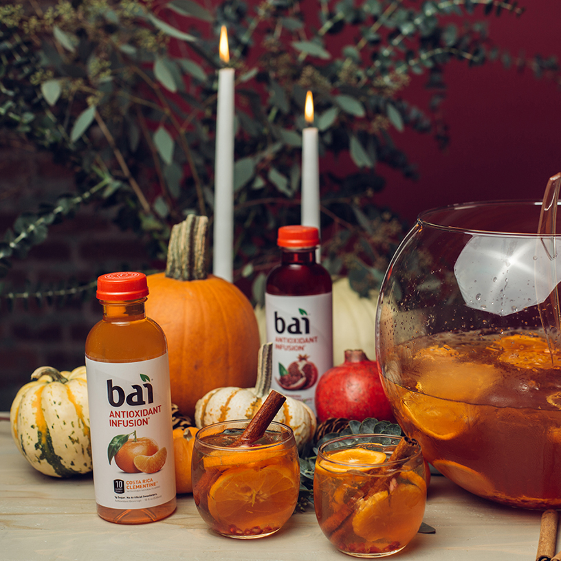 Pumpkins and fall gourds with Bai Ipanema Pomegranate and Bai Costa Rica Clementine