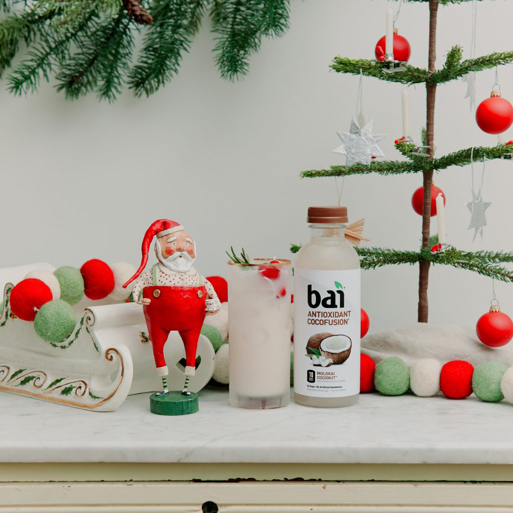 Bai White Winter Mojito Cocktail around holiday decorations