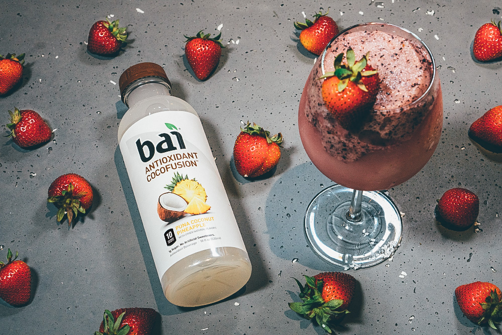 Strawberries with a Pina Colada made with Bai Puna Coconut Pineapple