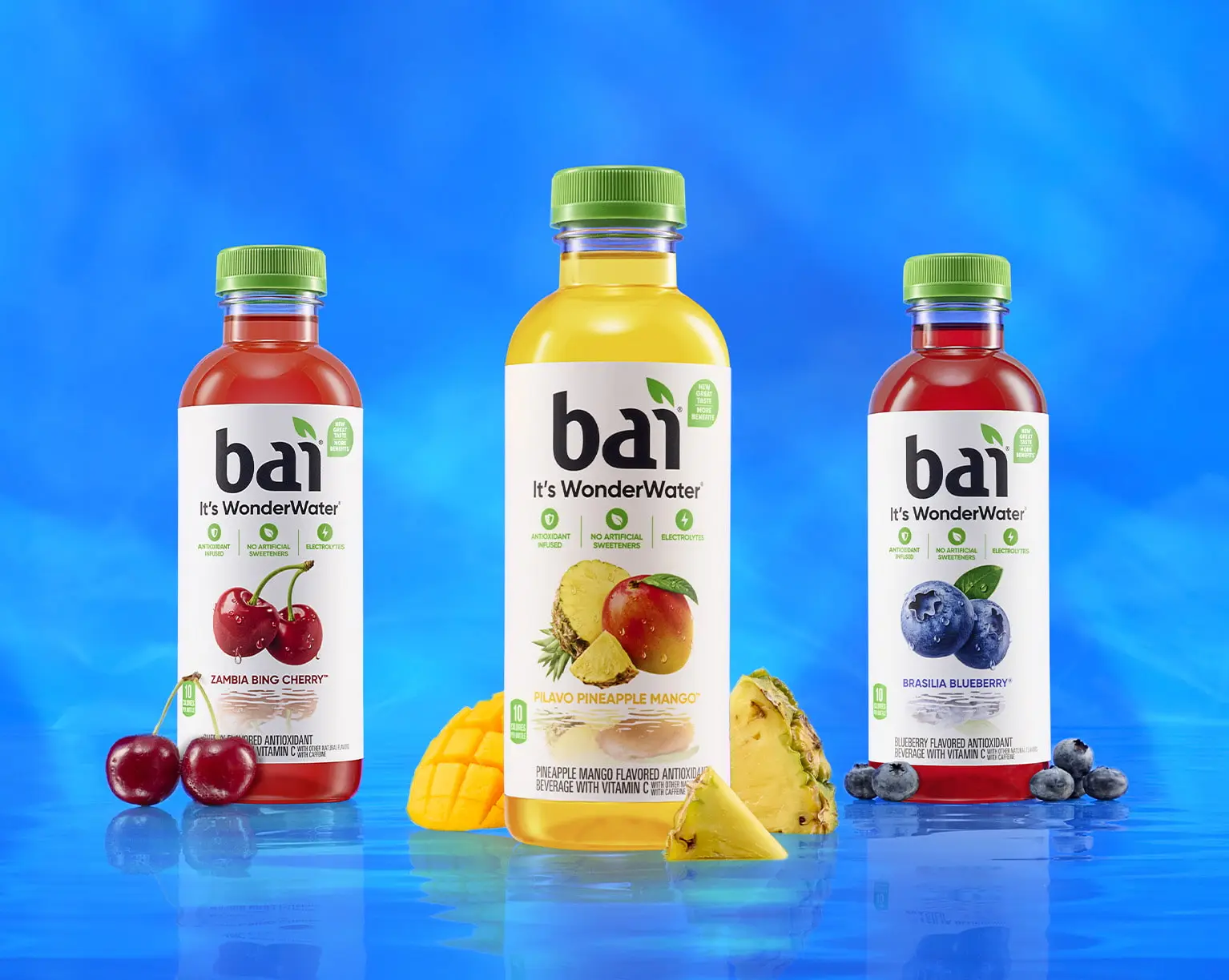 Bai Bottles next to fruit showcasing their respective flavors